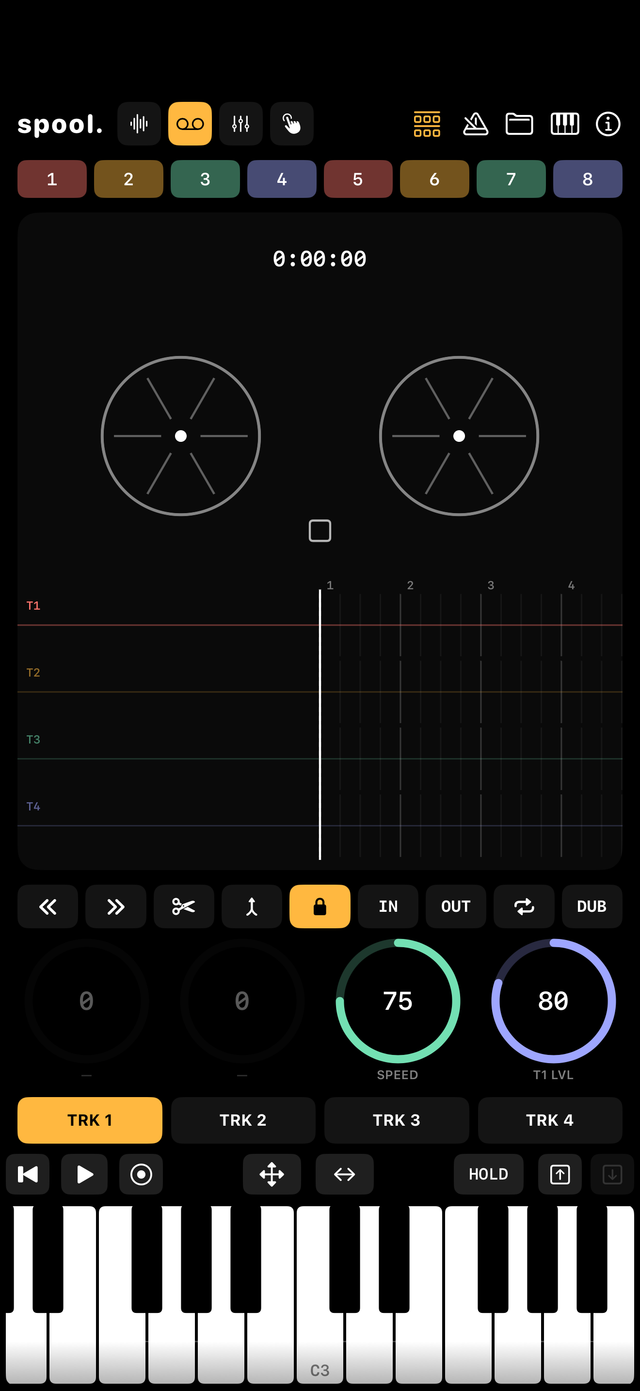 Tape mode — the 4-track recorder with spinning reels