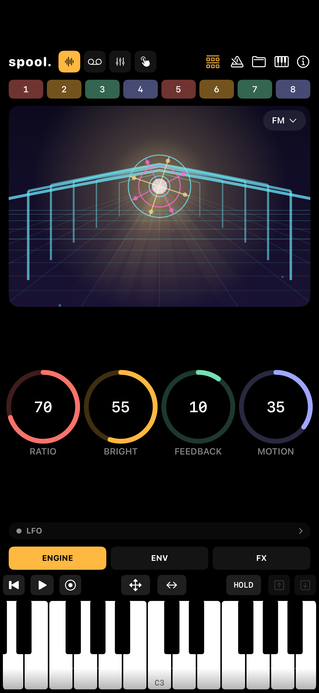 Synth mode — engine visualizer and four controls